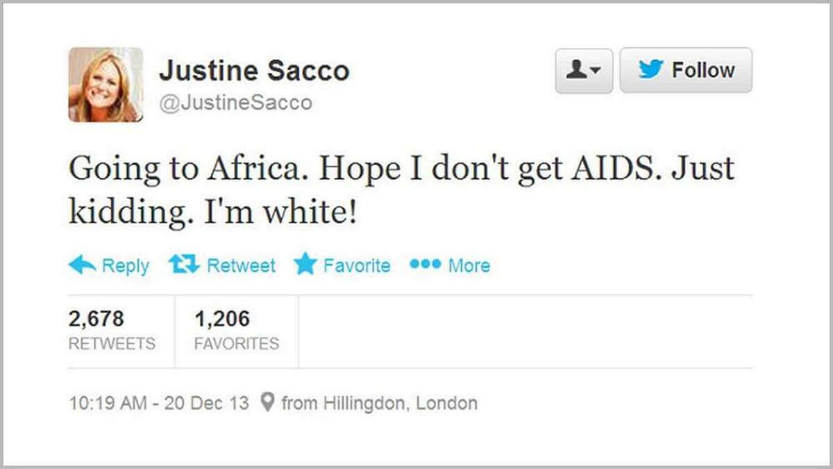 Твит гласит: «Улетаю в Африку. Надеюсь, не заболею СПИДом. Шучу. Я же белая»