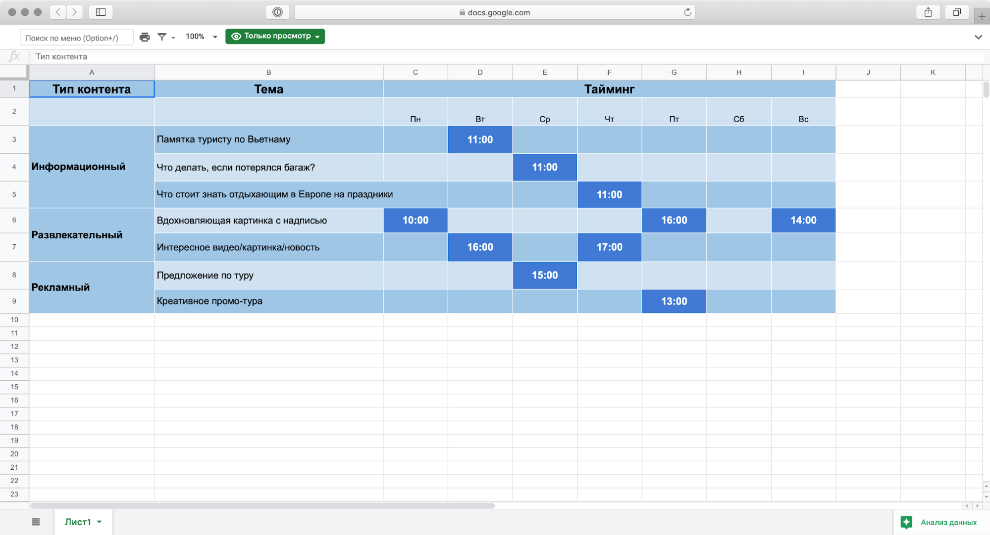 Контент план гугл таблицы