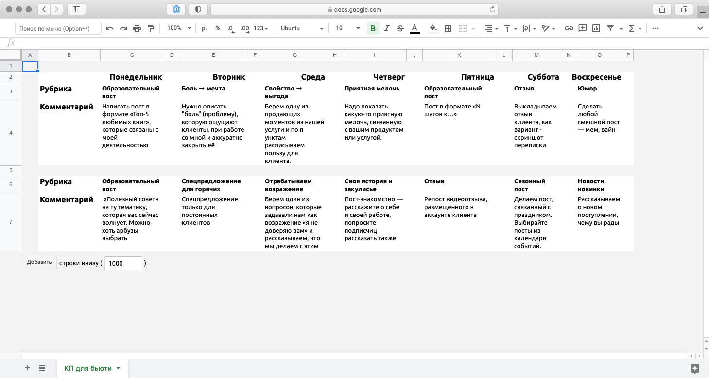 Шаблон контент плана в гугл таблицах