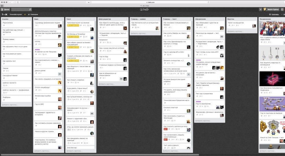 В 2016-2017 в редакции Т—Ж использовалась Трело доска разбитая на процессы и исполнительные роли (дизайнер, главред и т. д.): в первой колонке хранилась необходимая информация, вроде реквизитов, в следующих процессы → текст → шеф-редактор → главред → оформление → вёрстка → продвижение