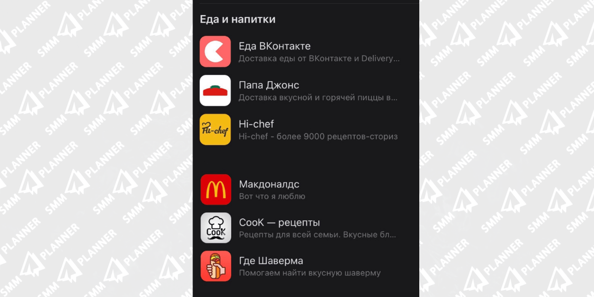Службы доставки еды во ВКонтакте
