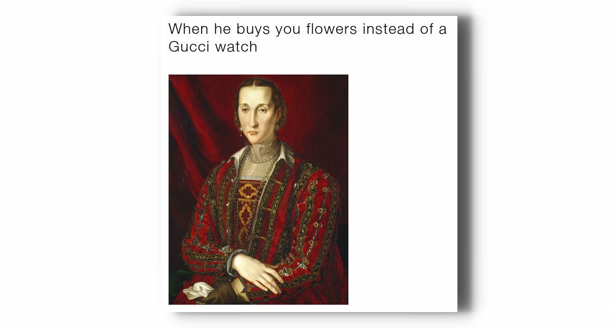 Надпись: «Когда он купил тебе цветы, вместо часов Gucci»
