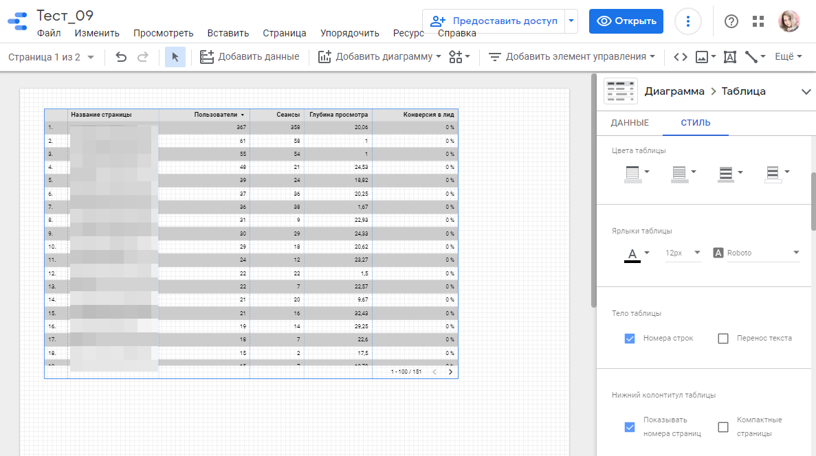 Настройки внешнего вида таблицы в Google Data Studio