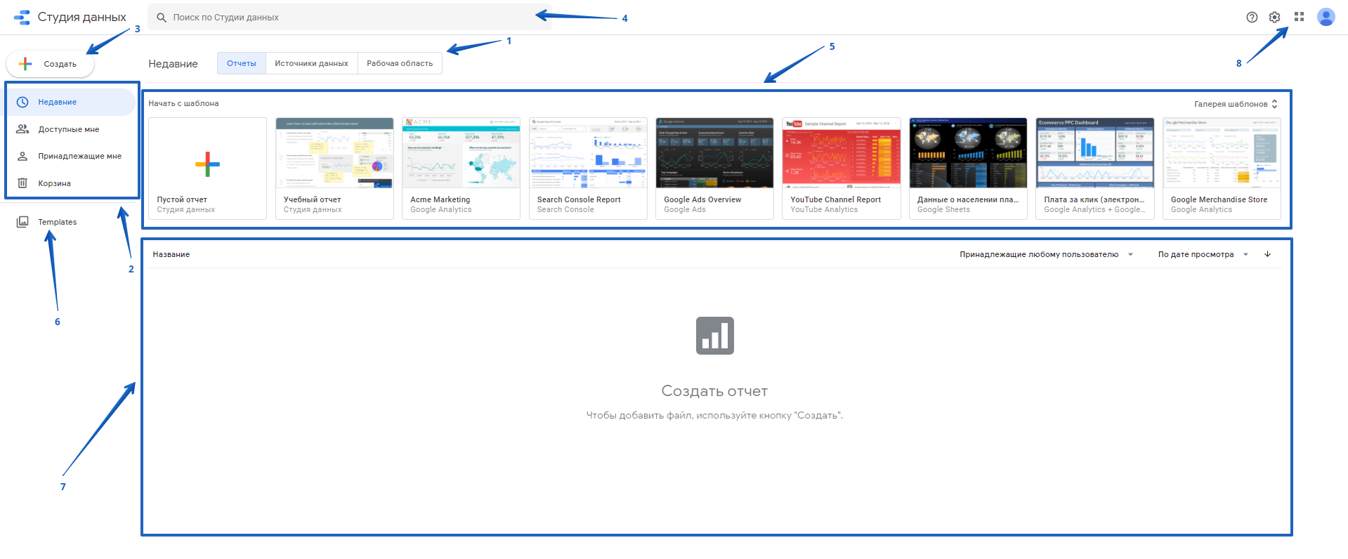 По интерфейсу Google Looker (бывший Data Studio) очень похож на Google Диск, поэтому тут должно быть все интуитивно понятно