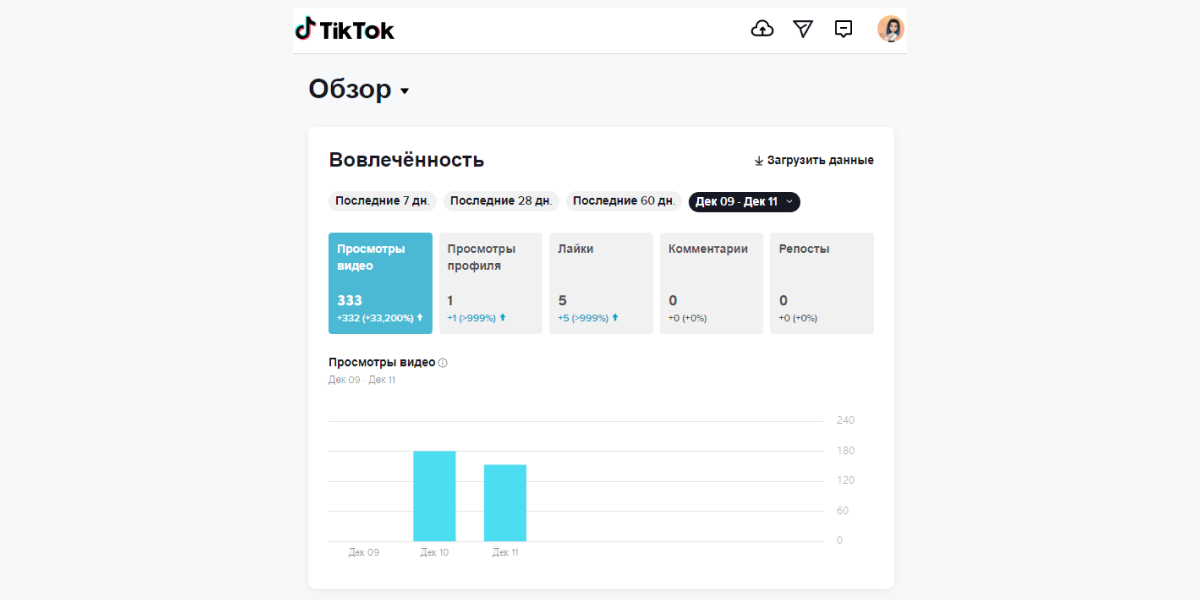 Интерфейс статистики в веб-версии ТикТока