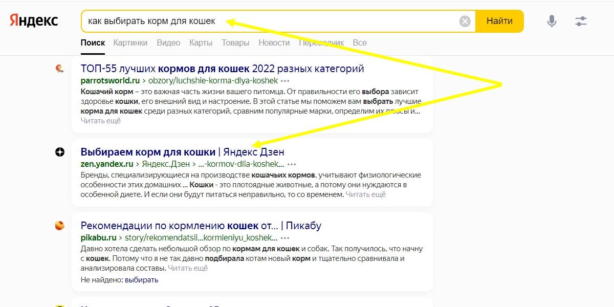 Публикации Дзена попадают в поисковую выдачу Яндекса