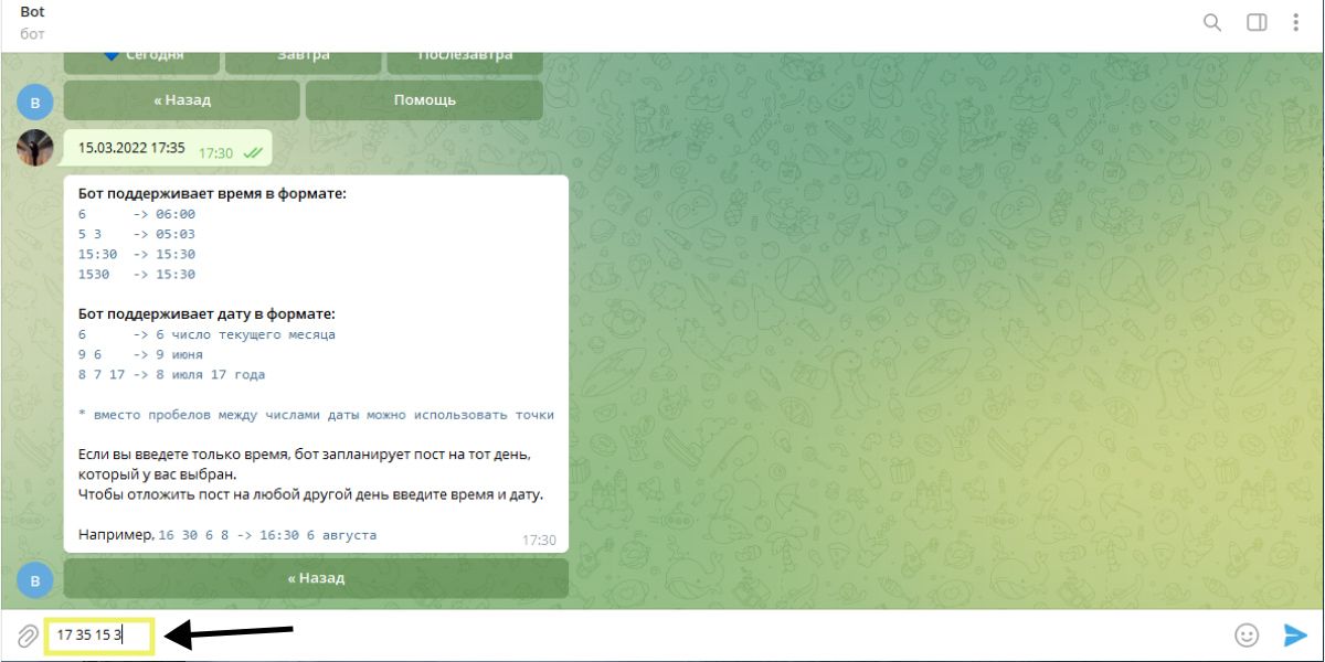 Если неверно указать формат даты и времени, бот покажет справку о поддерживаемых форматах