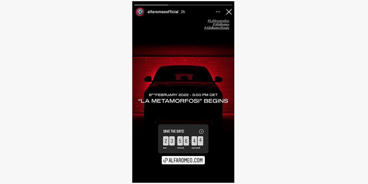 Countdown and Link Stickers frequently come together. In this IG story by Alfa Romeo @alfaromeoofficial the Countdown is used to hype something big, increasing the temptation to tap that Link.