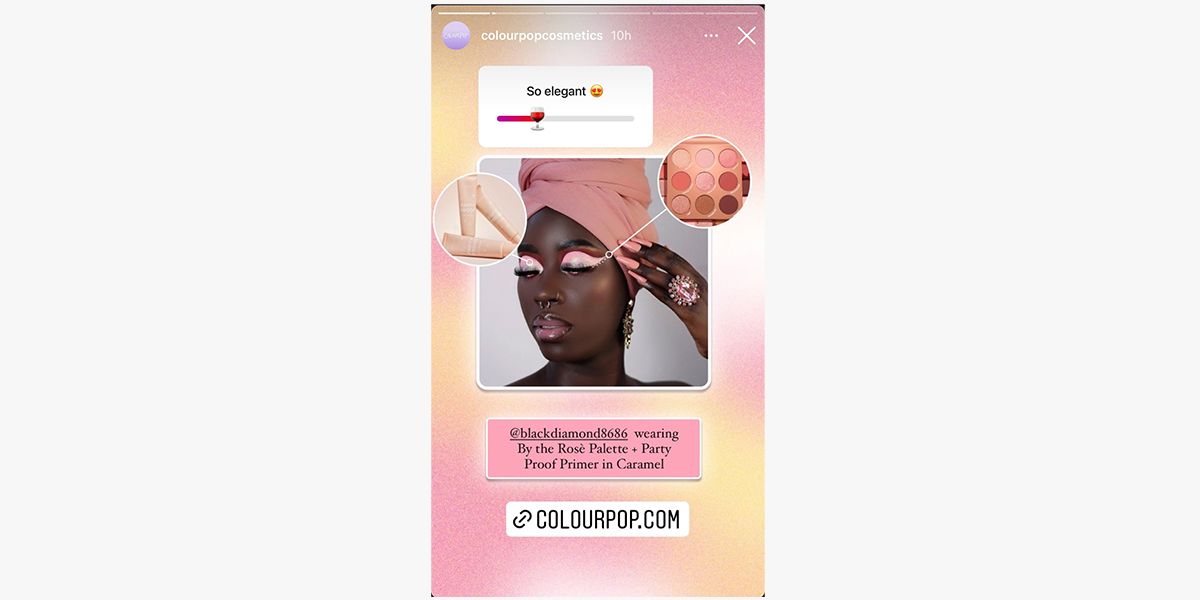 A story by ColourPop Cosmetics @colourpopcosmetics shows an example of a template that can be combined with completely different images. They may change the hues of the gradient but it’s still pretty recognizable.