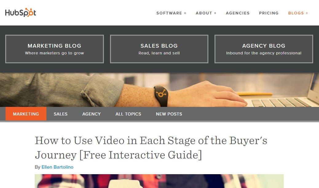 Блог сервиса Hubspot построен на трех базовых темах: marketing, sales, agency