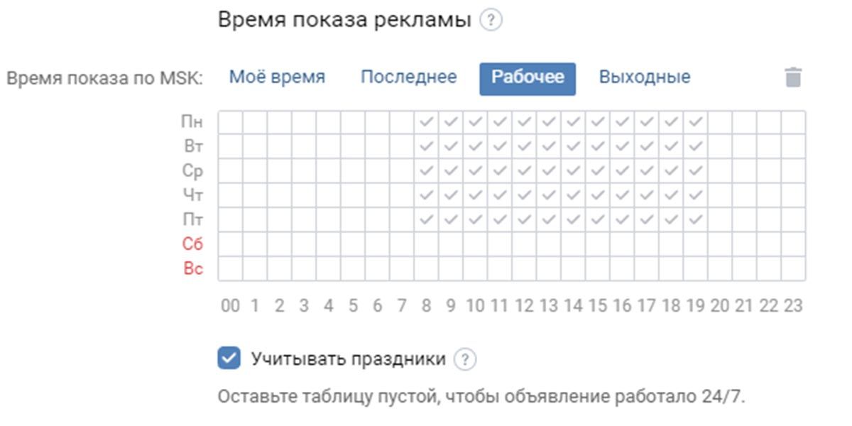 Пример настройки показов рекламного объявления