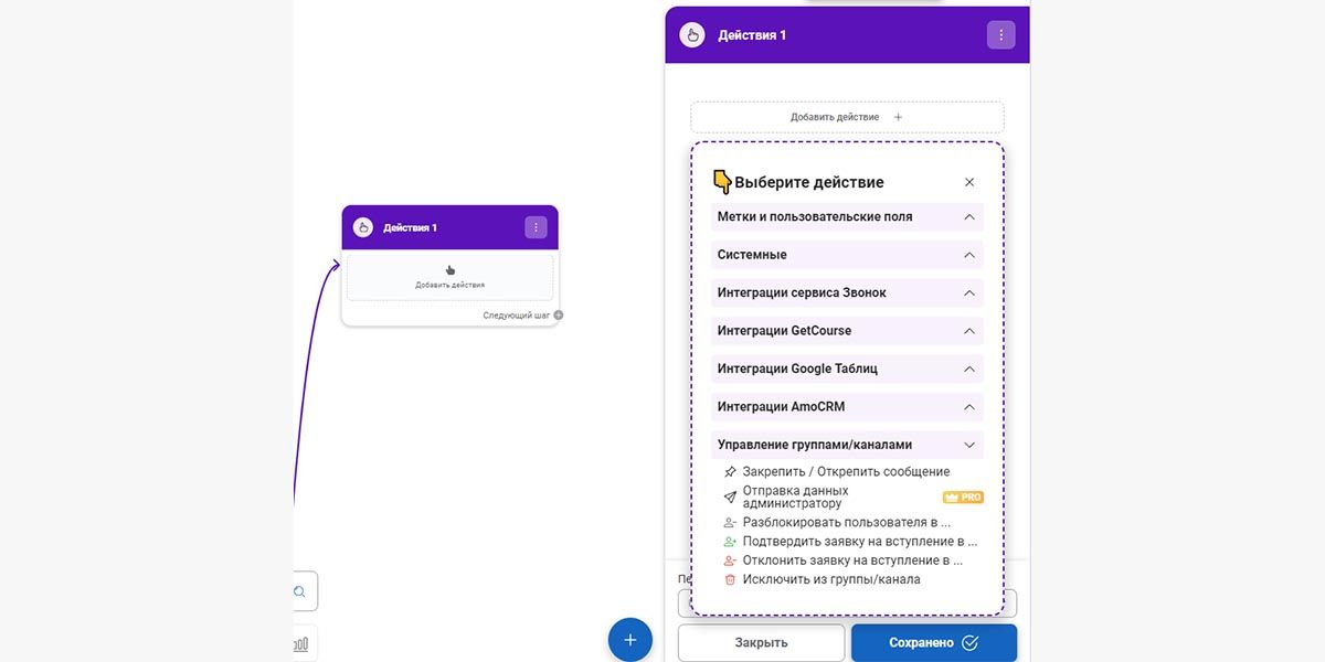 Действия, которые можно добавить в бота