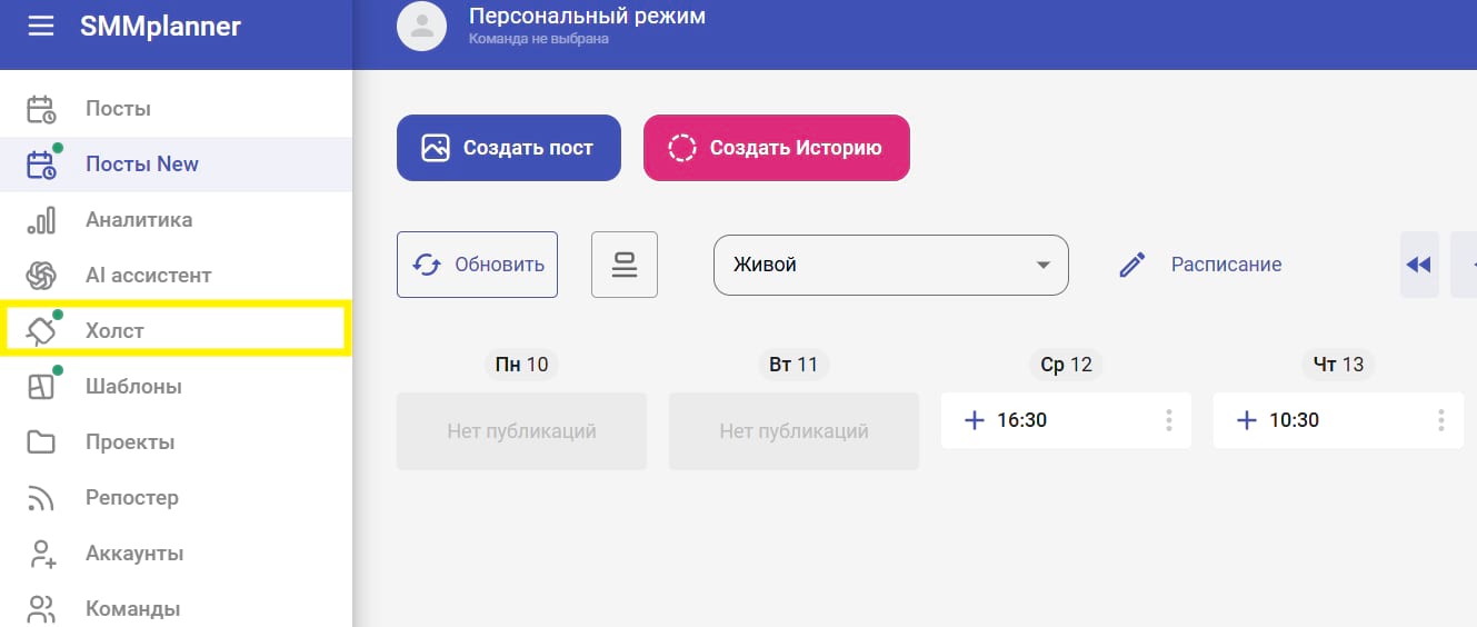 Раздел Холст в SMMplanner