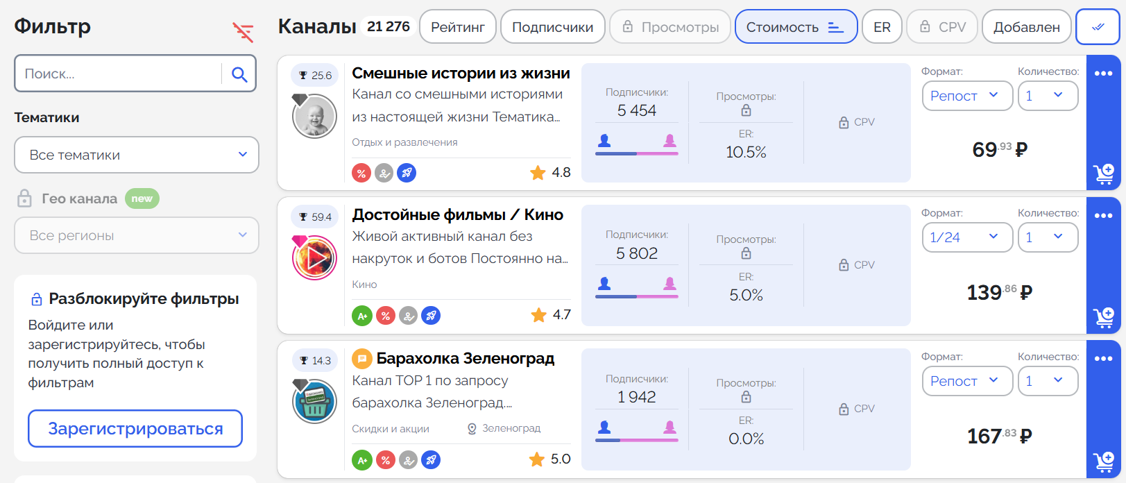 Реклама в телеграм-каналах – цены начинаются от 69 рублей за пост
