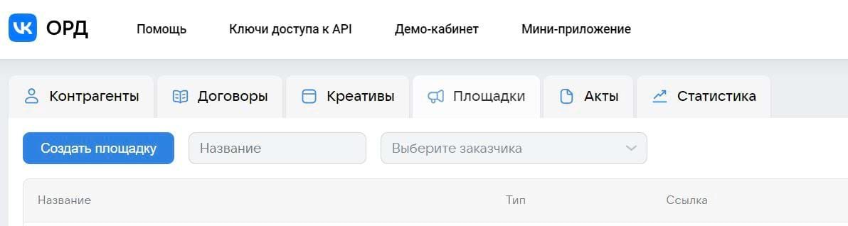 Вкладка «Площадки»