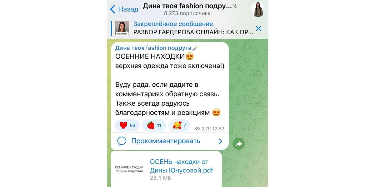 Стилист Дина Юнусова в канале делится сезонными подборками вещей, в файле рассказывает о себе и своих услугах