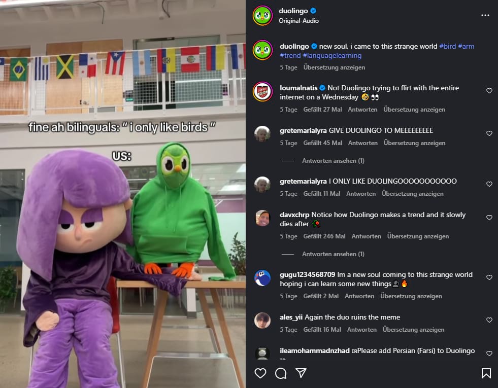 Эти посты в своё время обожали ребята из Duolingo: короткие видео-ролики записывала не только злобная зелёная сова, но и другие персонажи из приложения.