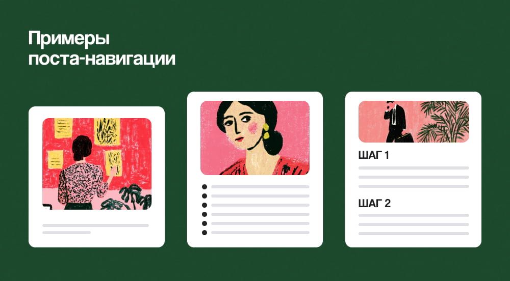 1) короткий текст 2) важные посты списком 3) гайд для новичка