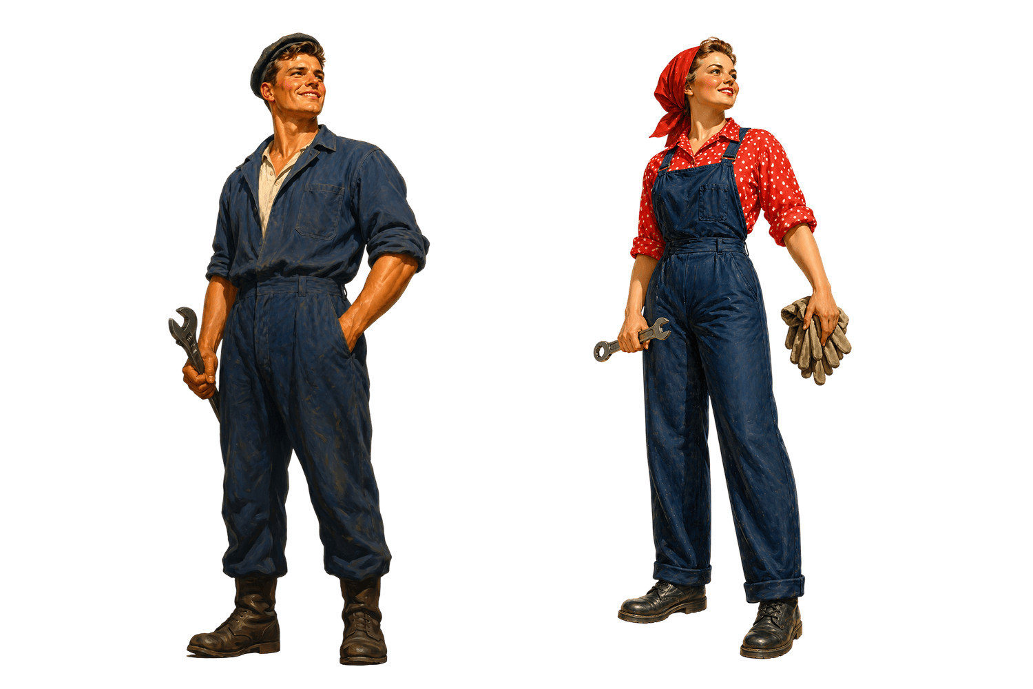 Мужчина и женщина рабочие с инструментами — советские иллюстрации к празднику труда 1 мая