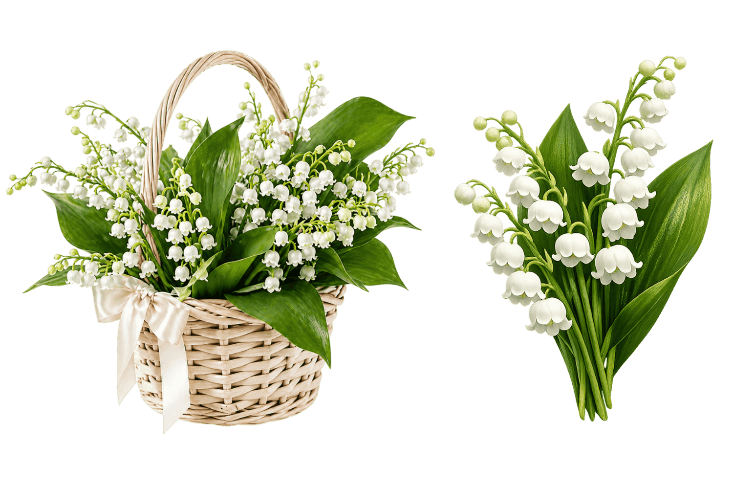 Корзина с ландышами и букет белых ландышей — PNG-стикеры к 1 мая и празднику весны