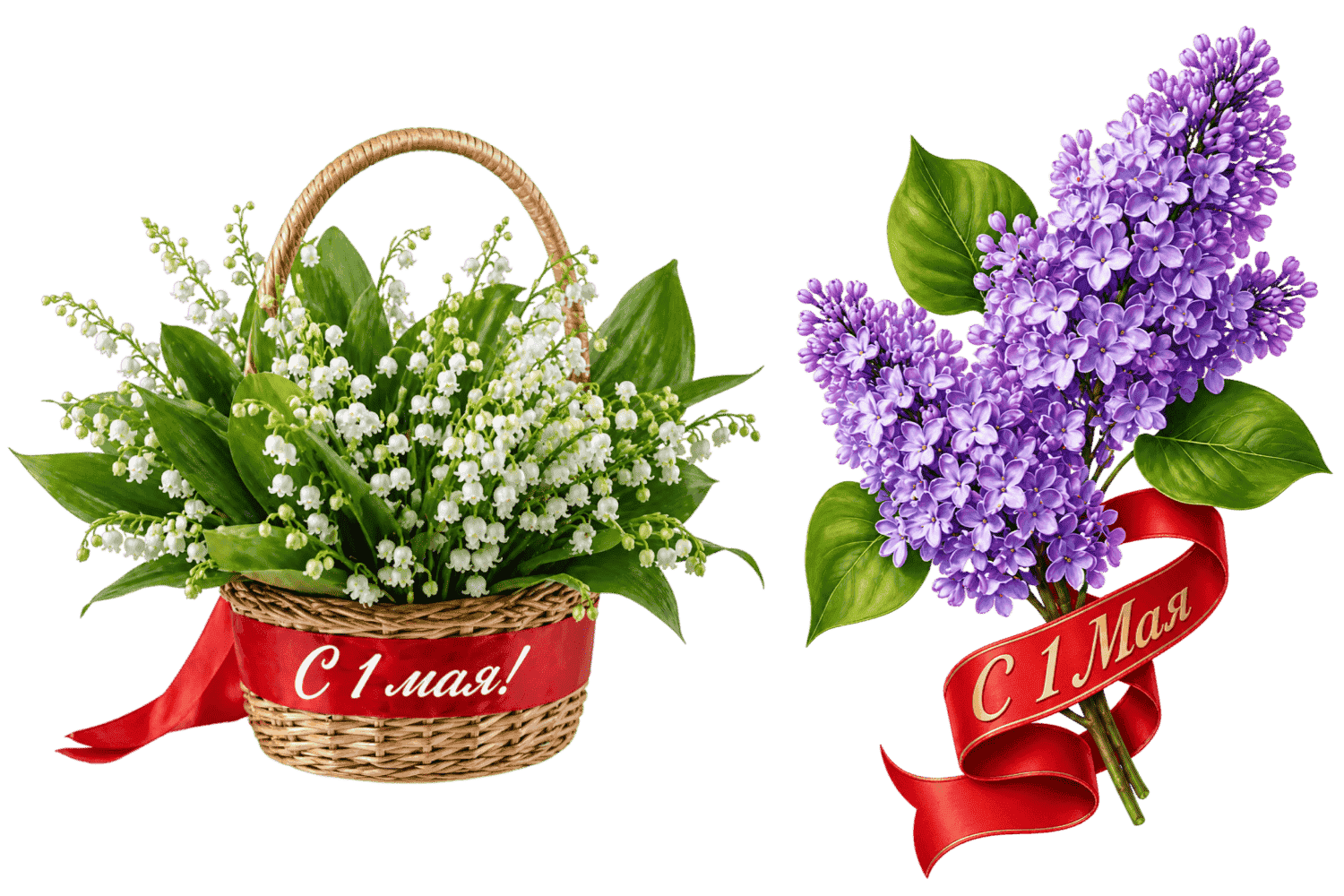 Сирень и ландыши с красной лентой «С 1 мая» — советские майские стикеры PNG