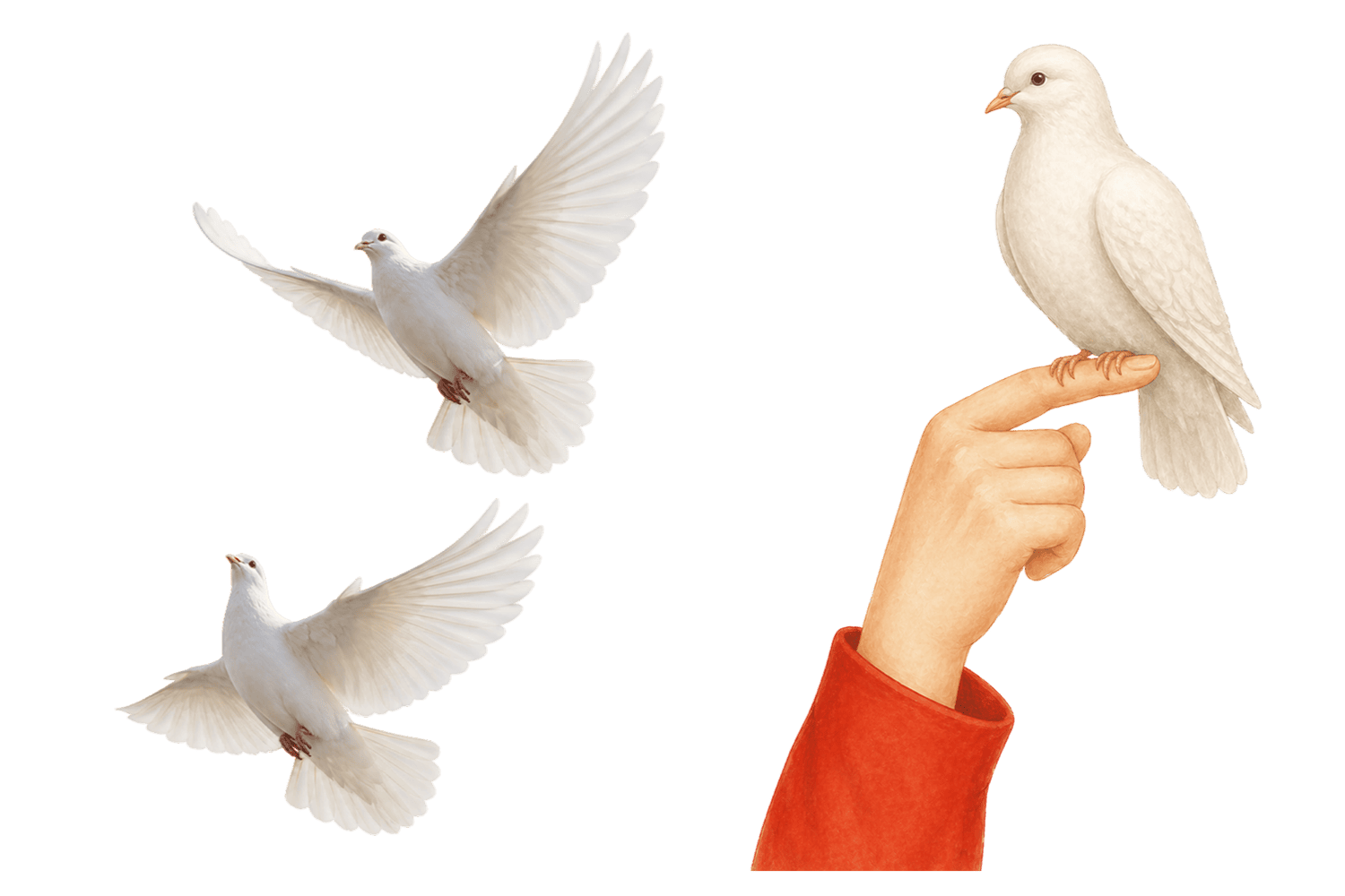 Белые голуби мира — символ мира и весны для дизайна и открыток к 1 мая