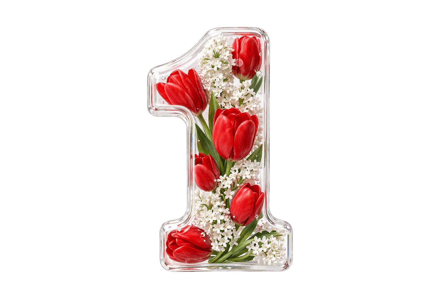 Цифра 1 с красными тюльпанами и сиренью — праздничный элемент для дизайна ко Дню труда