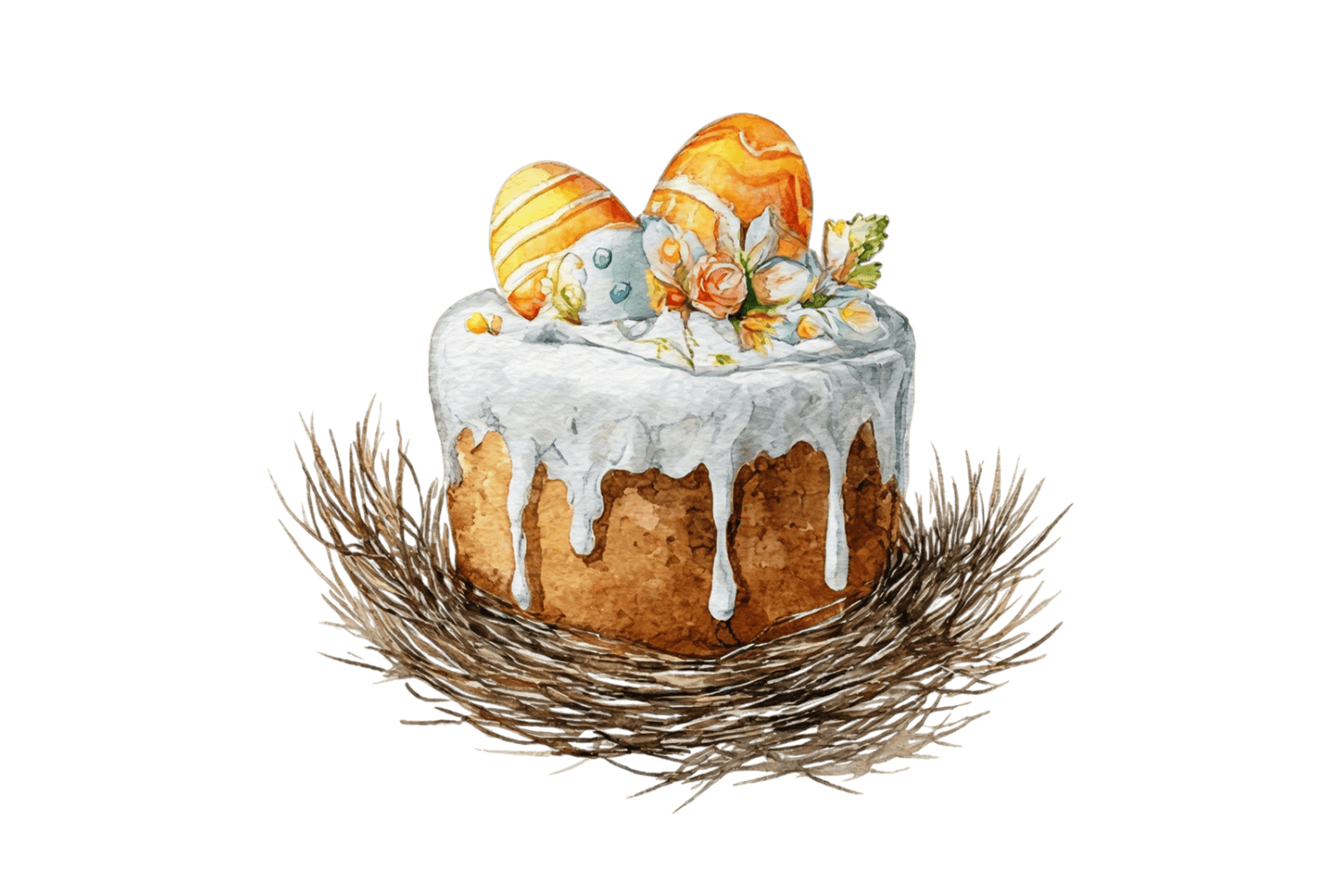 пасхальный кулич в гнезде с яйцами акварельный стикер png