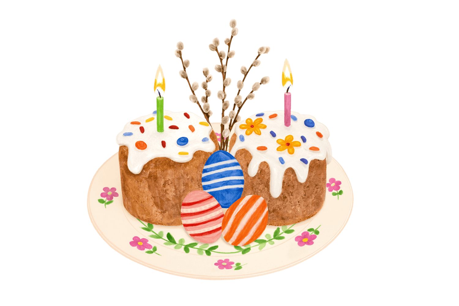 пасхальный кулич с яйцами свечами и вербой акварельный стикер пасха png