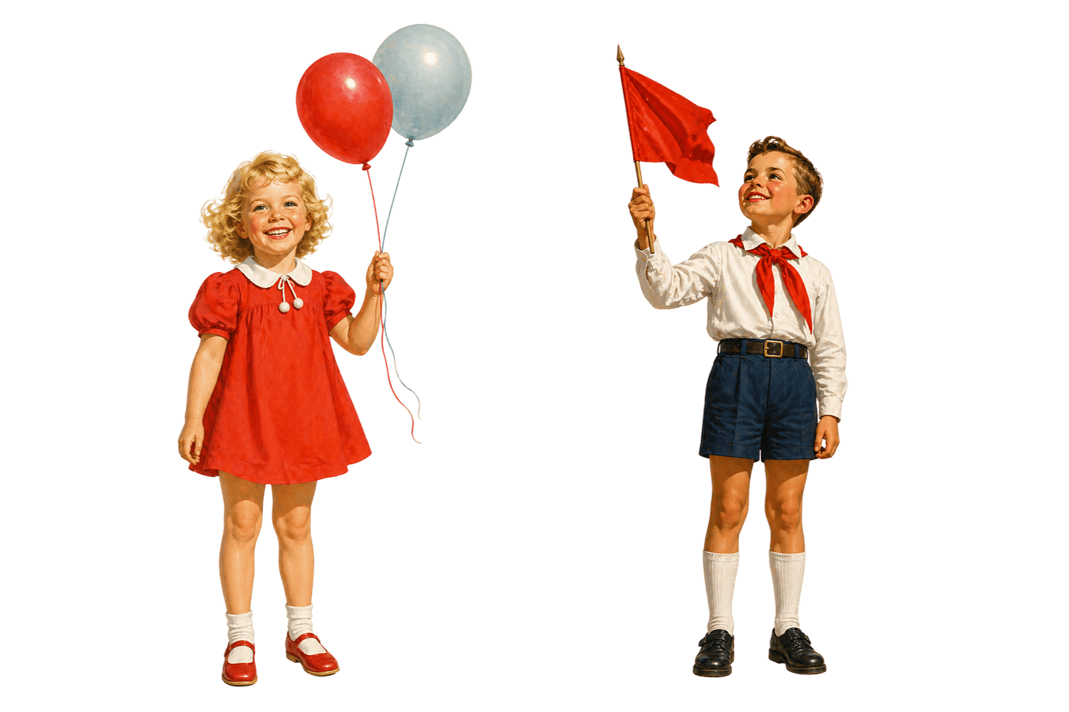 Советские дети с воздушными шарами и красным флагом — ретро-иллюстрации к 1 мая