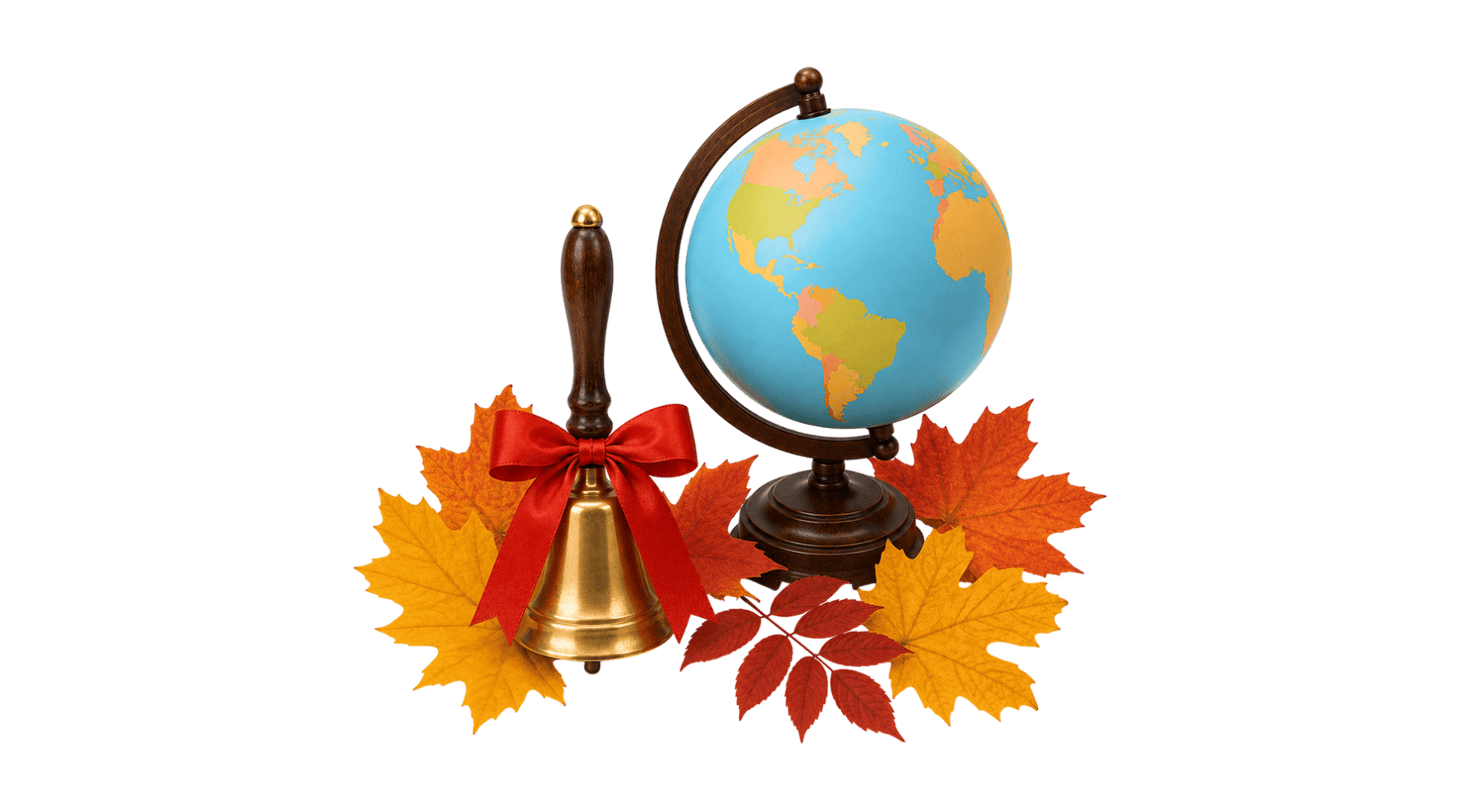 PNG-элемент -школьный колокольчик, глобус и осенние листья