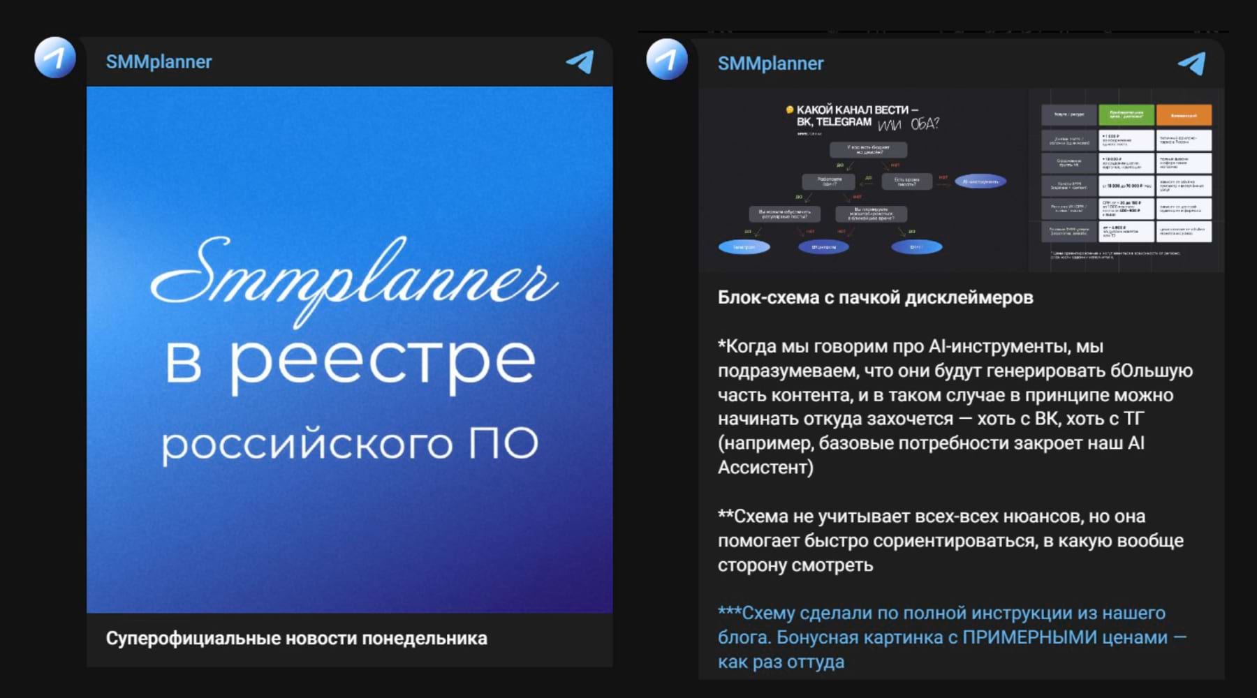 На примере слева — важная информация для бюджетников: возможно, именно эта характеристика заставит выбрать SMMplanner. На примере справа — классический полезный пост, который поможет определиться с кол-вом страниц в том же SMMplanner