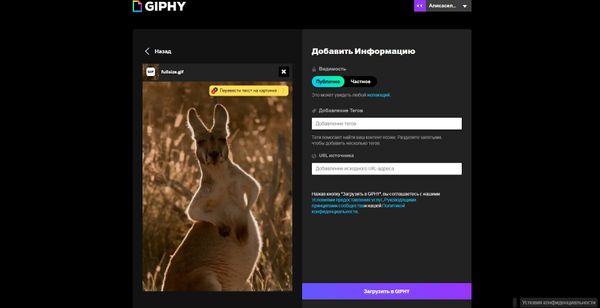 Задайте приватность, теги и загрузите в Giphy