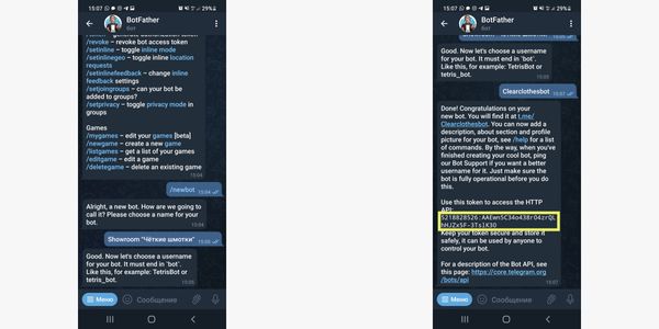 Желтым прямоугольником выделен токен бота