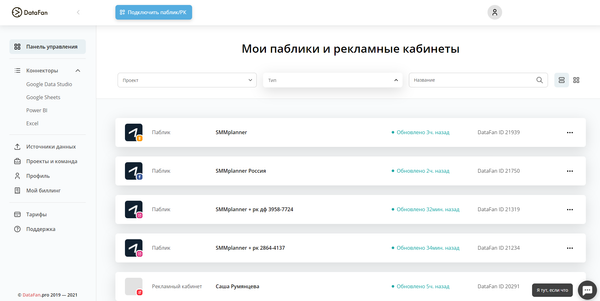 Отчеты по разным соцсетям на главной странице DataFan