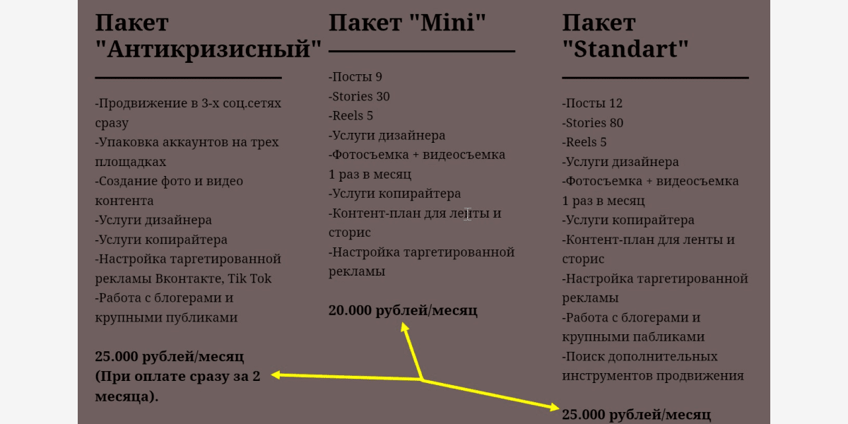 SMM-агентство Lema (Владивосток) предлагает сразу несколько пакетов по близкой цене, 20 000–25 000₽ в месяц