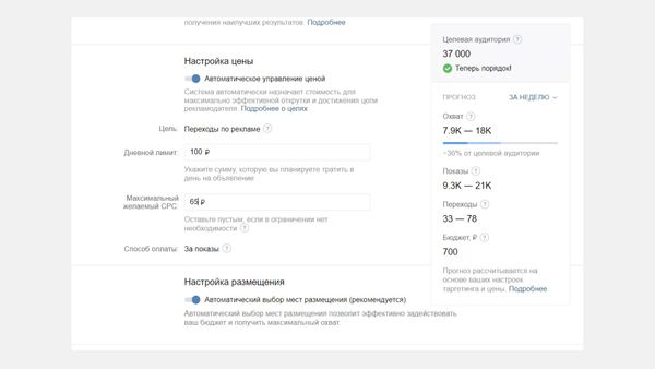 Настраиваем цену. ВКонтакте покажет примерный охват, количество показов, переходов и бюджет 