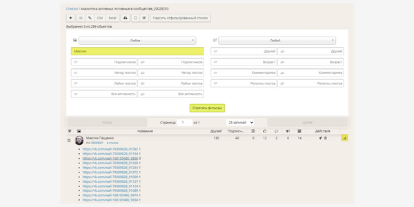 Активность конкретного человека ВКонтакте